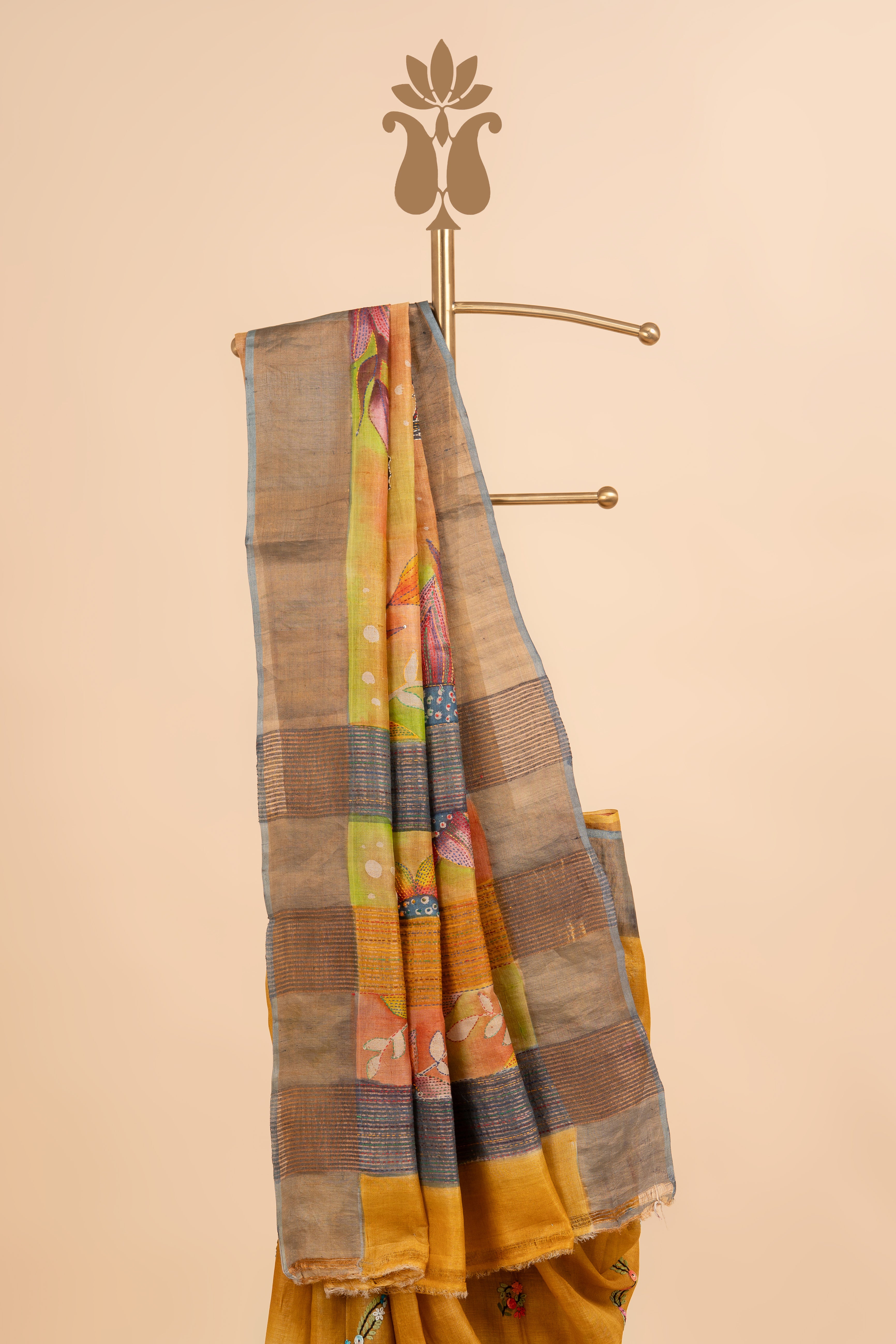 Tussar Kantha Embriodery With Earthy Tones Saree
