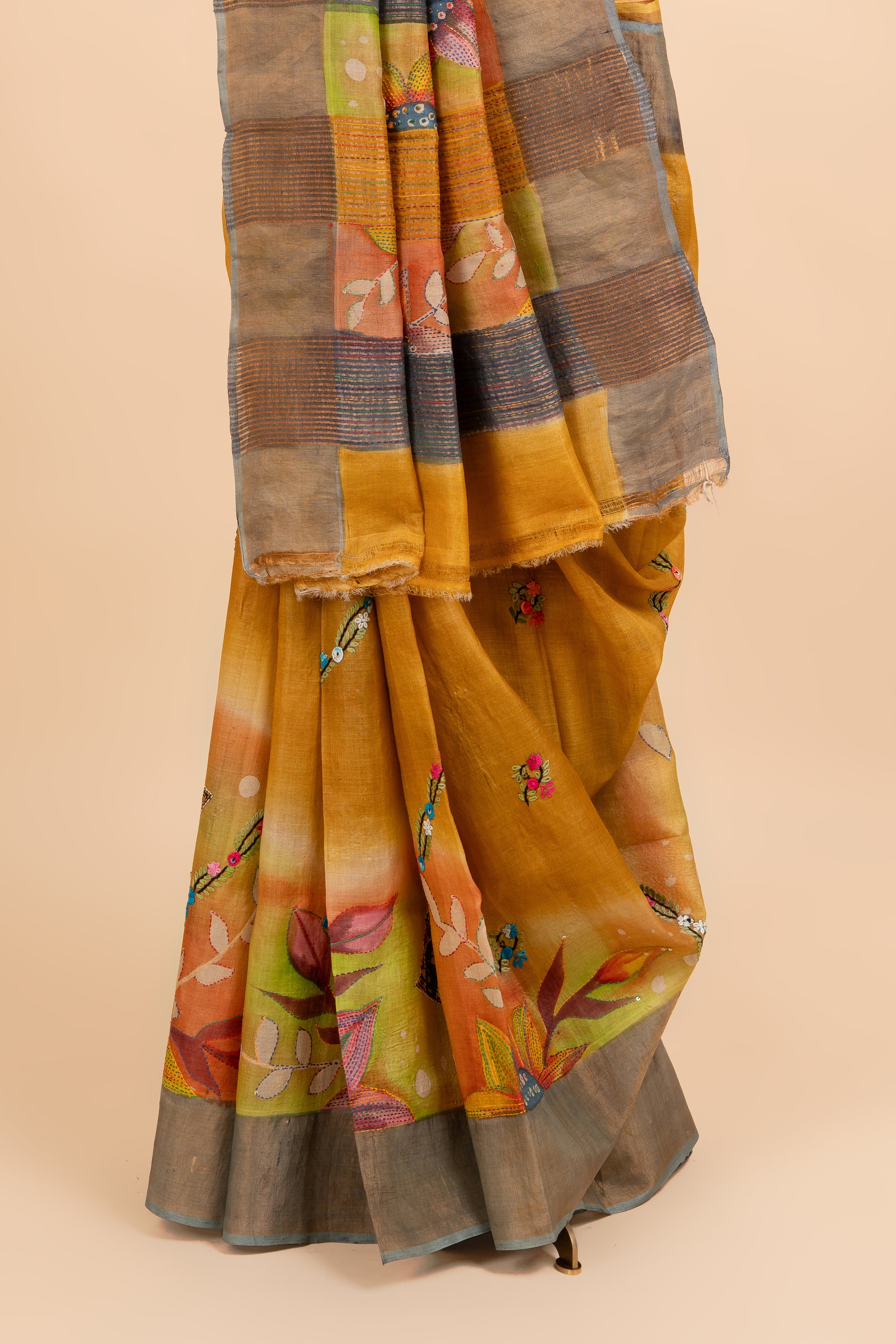 Tussar Kantha Embriodery With Earthy Tones Saree