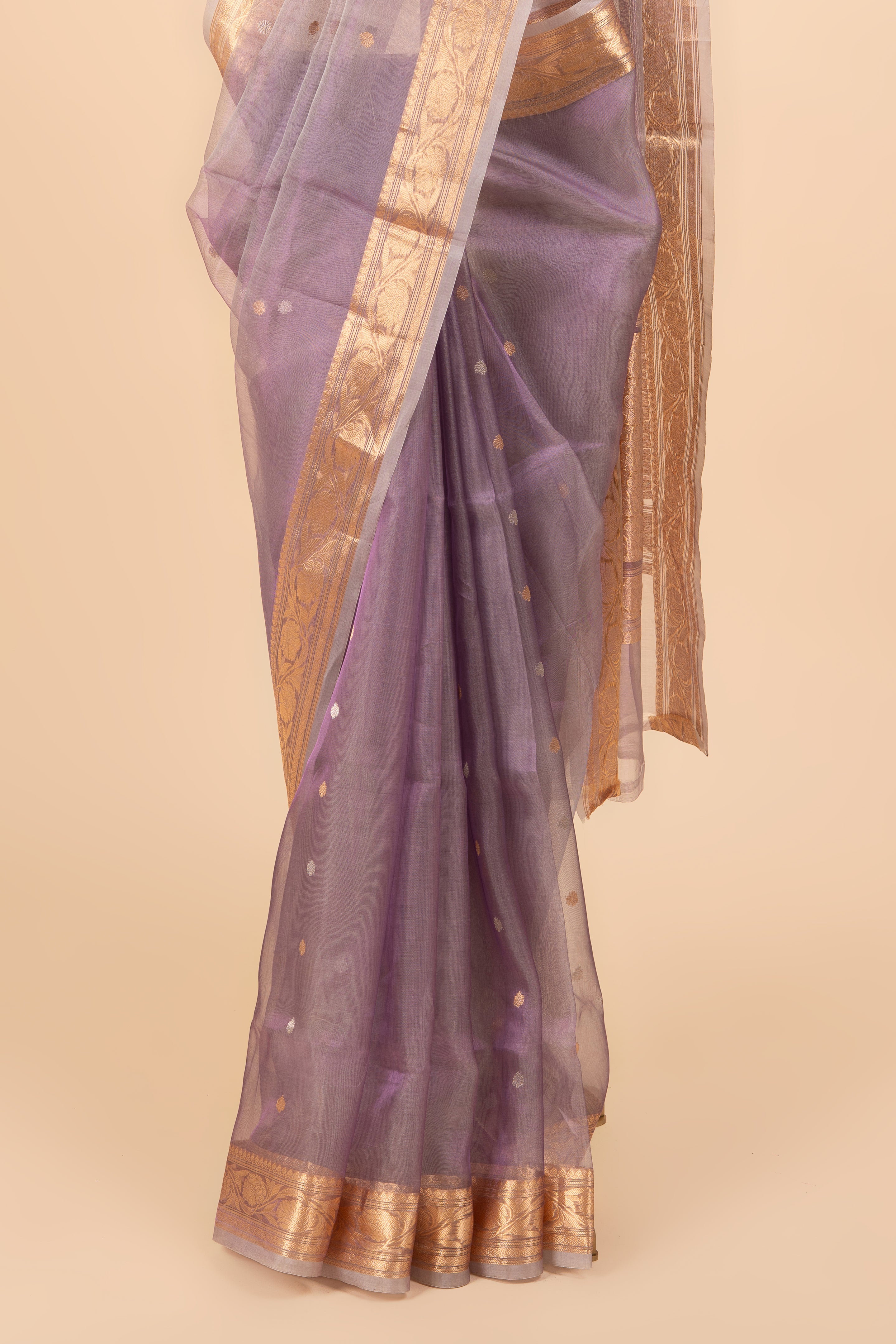 Two-Tone Purple & Grey Banarasi Tissue Saree With Gold Zari