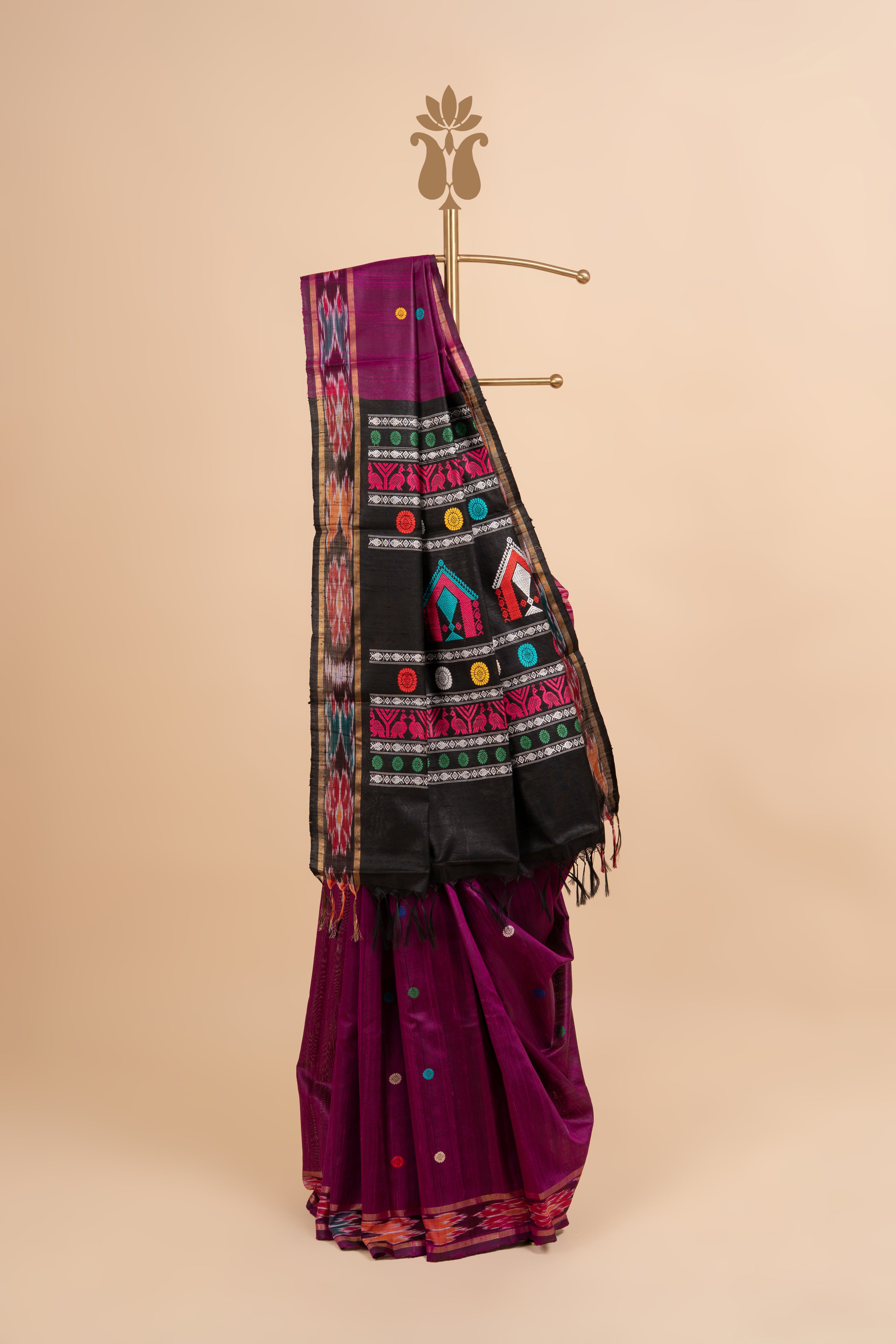 Wine Tussar With Ikkat Weaving Saree