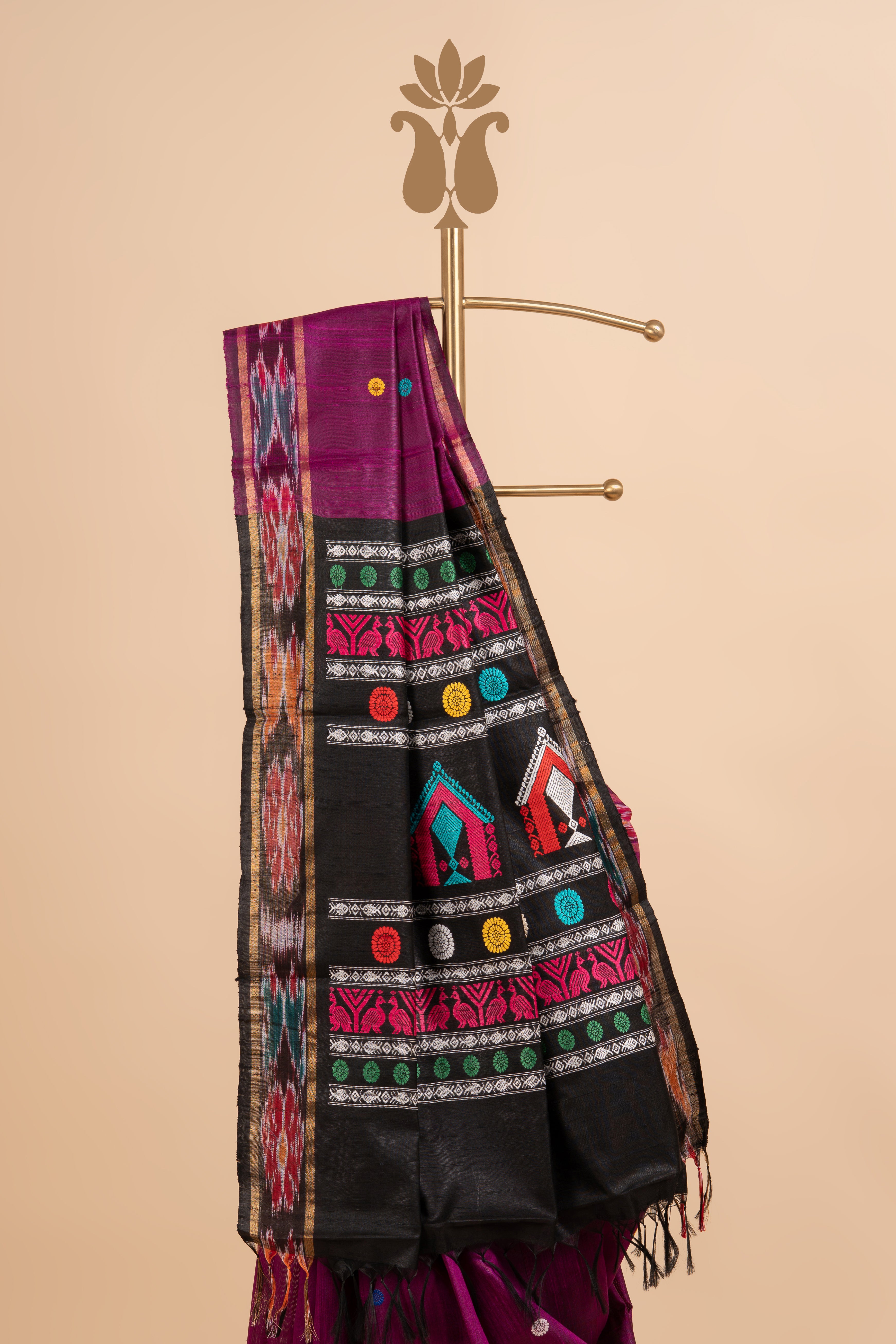 Wine Tussar With Ikkat Weaving Saree