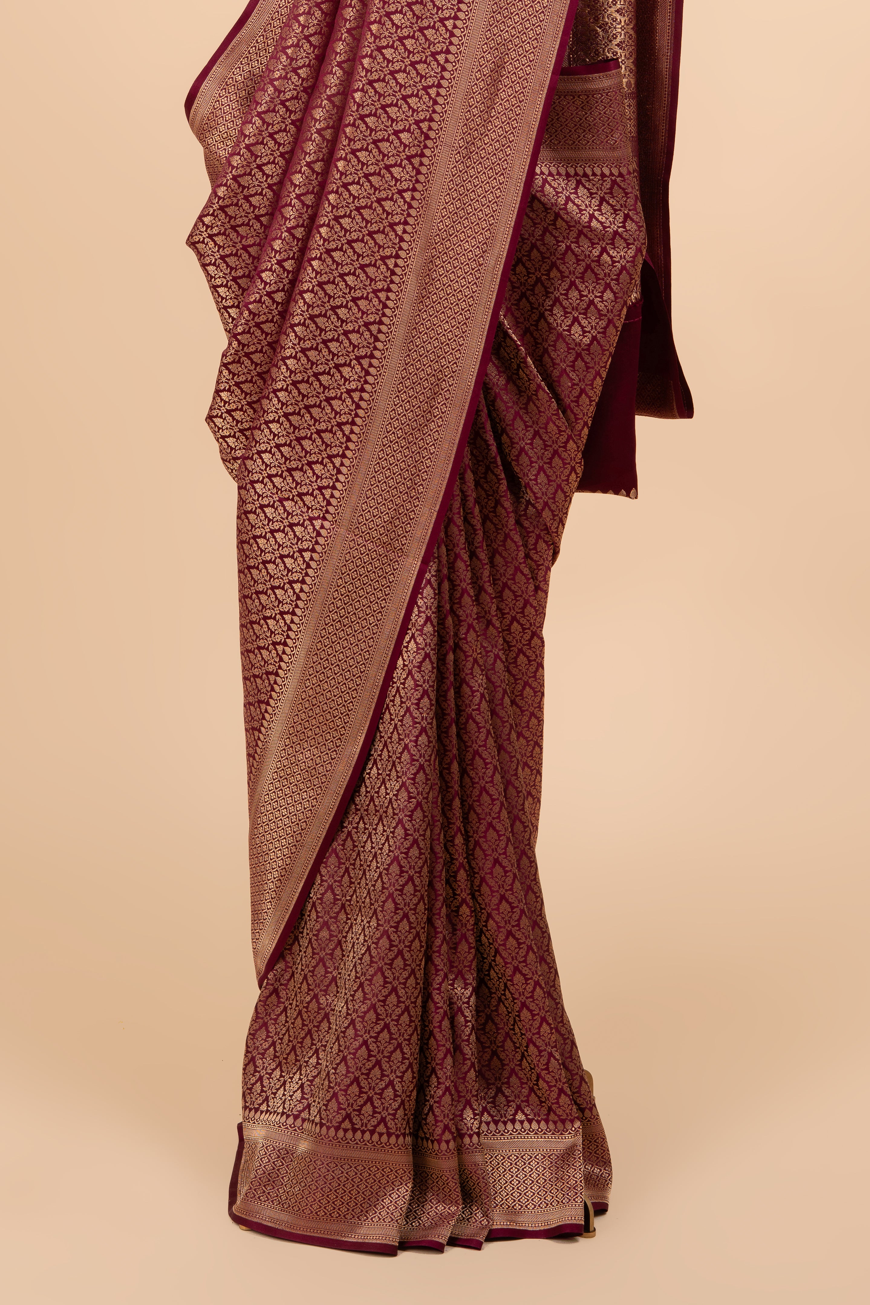 Wine Colour Contemporary Banarasi Brocade Crepe Silk Saree