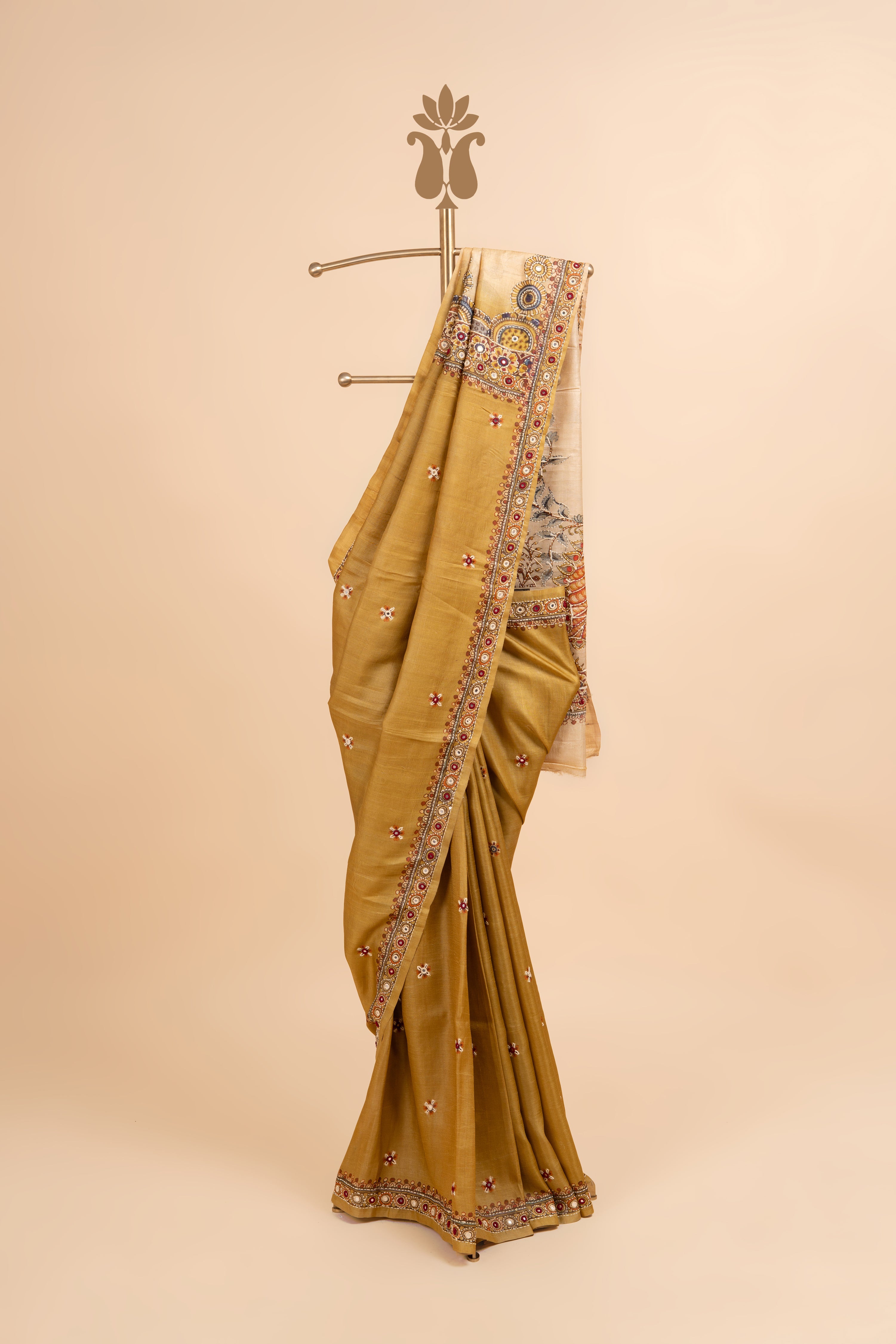 Olive Green Tussar Kantha Work Saree