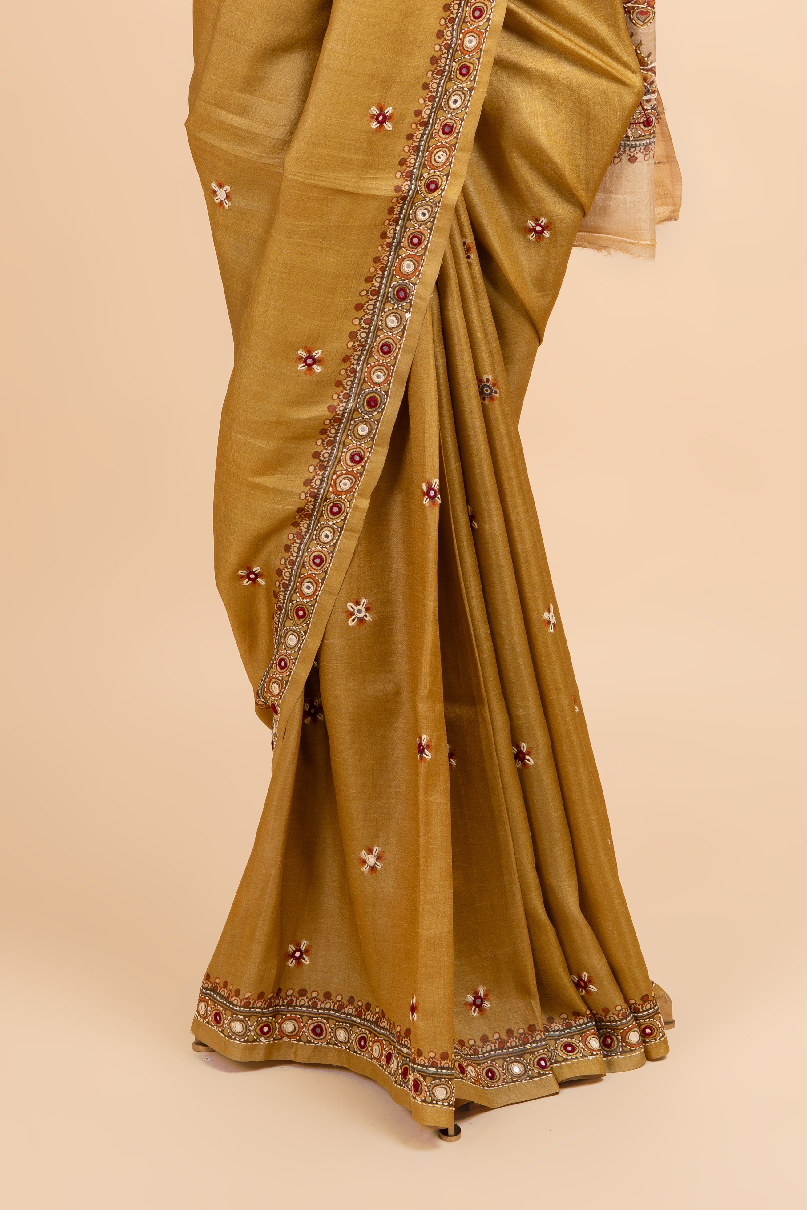 Olive Green Tussar Kantha Work Saree