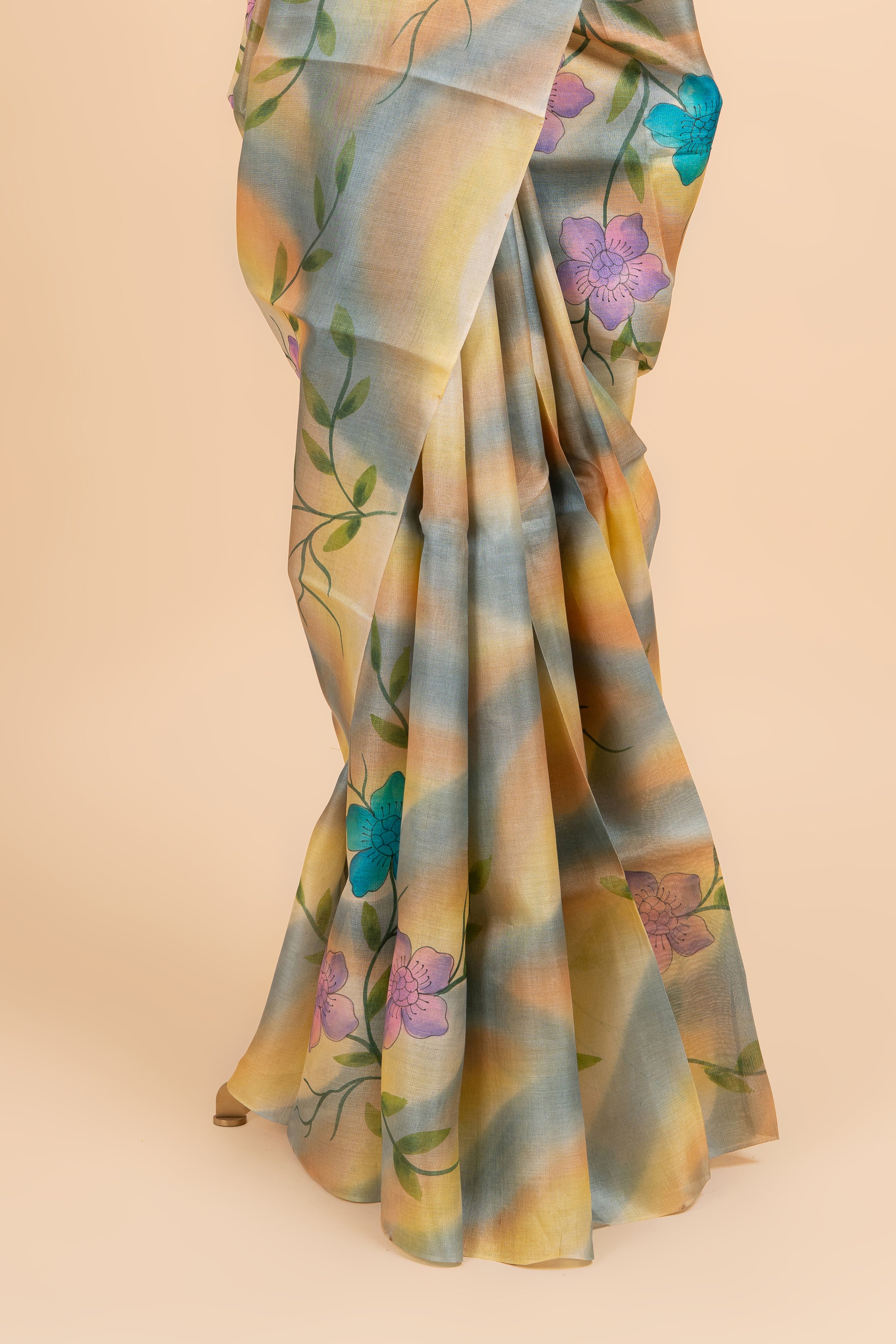 Pastel Shaded Tussar Hand Painted Saree